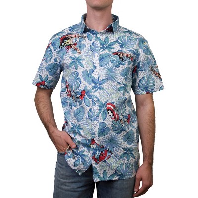 Men's Marvel Avengers Hawaiian Print Button Down Shirt - Light Blue - Small