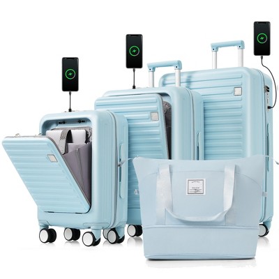 4pc ABS Hard Shell Luggage Sets, Front Opening Suitcase with USB Port, Cup Holder and Spinner Wheels 4W -ModernLuxe