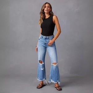 Women's High - Waisted Distressed Wide - Leg Jeans with Fringe, Washed Casual Straight - Leg Denim Pants - 1 of 4