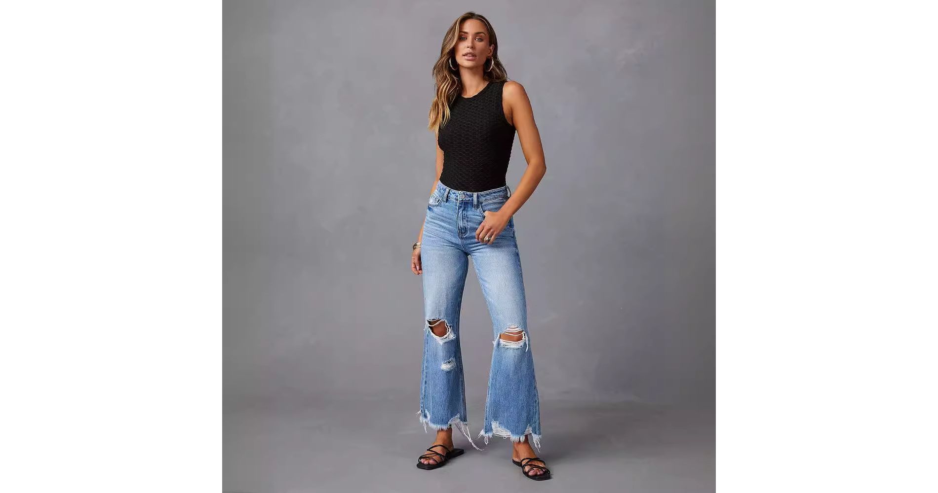 Women's High - Waisted Distressed Wide - Leg Jeans with Fringe & Ripped Details, Casual Straight - Leg Denim Trousers