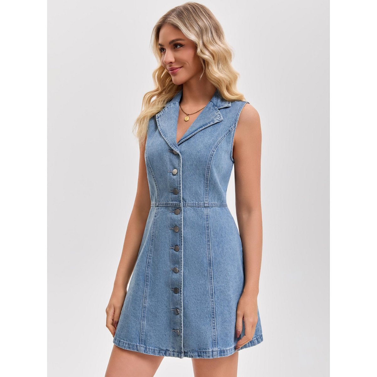 Женские платья INSPIRE CHIC Women's Denim Sleeveless Button Down Notched Collar A-Line Mini Jean Dresses X-Large Light Blue — фото 2