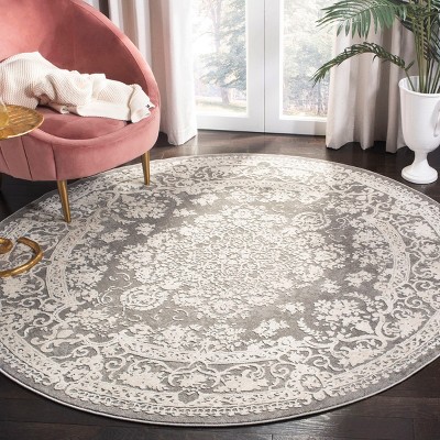 Round Dark Grey and Cream Synthetic Floral Area Rug