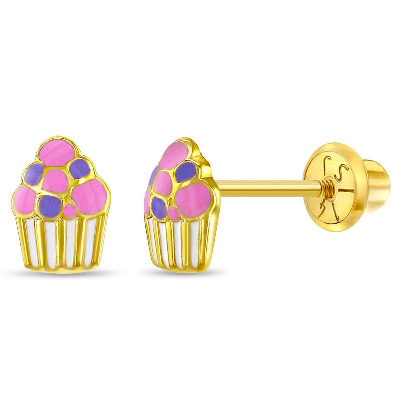 Girls' Colorful Cupcake Screw Back 14k Gold Earrings - In Season Jewelry, 1 of 7