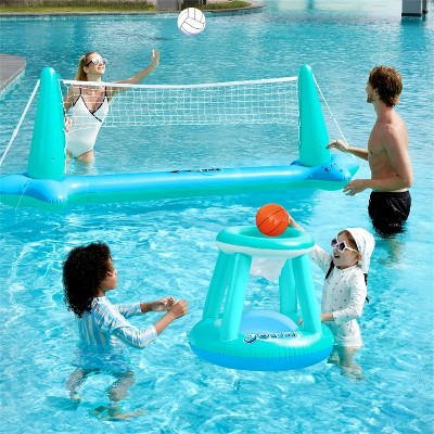 Joyfy Inflatable Volleyball Net & Basketball Hoop Pool Float Set with Balls - Perfect Summer Pool Games for Kids & Adults Beach Parties & Backyard Fun