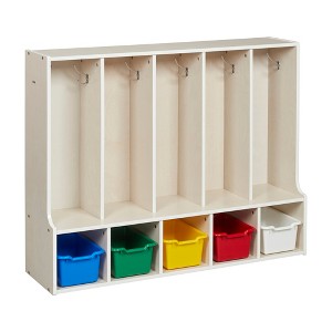 ECR4Kids Streamline 5-Section Coat Locker with Bench and Scoop Front Storage Bins, Toddler Size, White Wash - 1 of 4