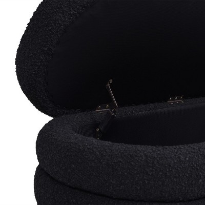 Ebony Black Boucle Upholstered Oval Storage Bench with Hinged Lid