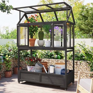 Hrinhom 47.2"W Garden Wood Portable Cold Frame with Movable Wheels - 1 of 4