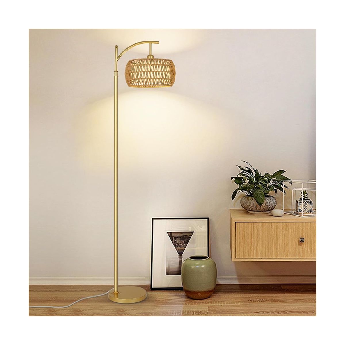 Arc Floor Lamp with 3 Color Temperatures, Boho Standing Lamp with Rattan & Fabric Shades, Farmhouse Tall Lamp for Living Room Bedroom - thumbnail 9