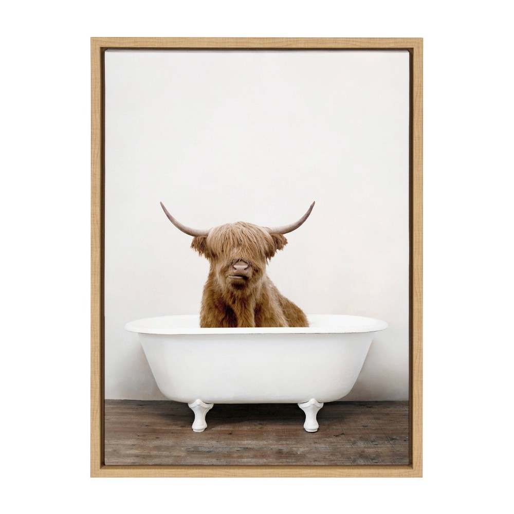 Photos - Other Decoration 18" x 24" Sylvie Highland Cow in Tub Color Framed Canvas Wall Art by Amy Peterson Natural - Kate and Laurel