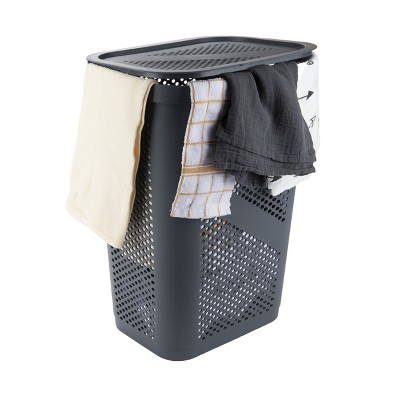 Gray Perforated Plastic Collapsible Laundry Hamper with Lid