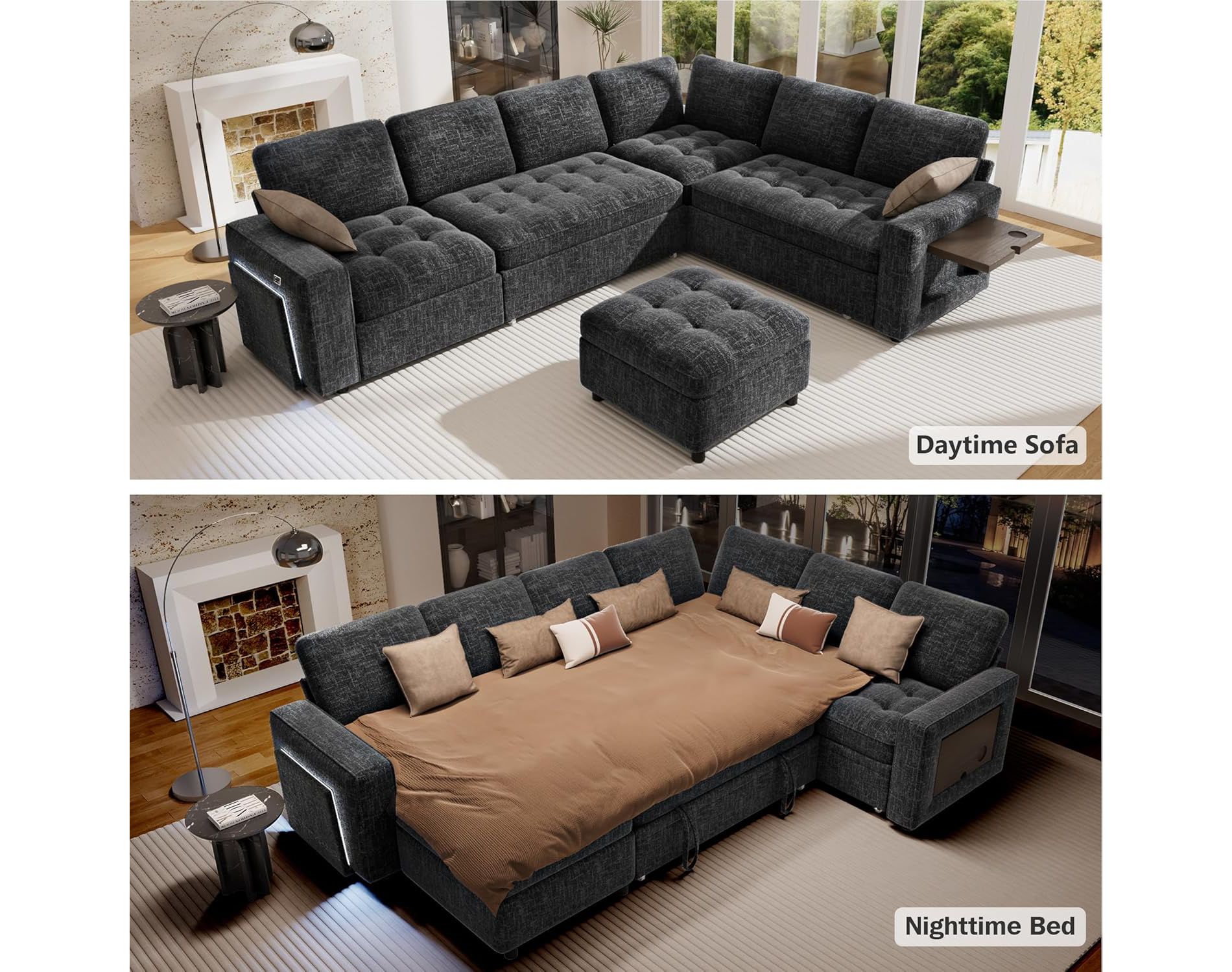 Dyonery 7 Seat L-Shaped Modular Sectional Sleeper Sofa Bed/Pull Out Bed/Reclining Backrest/USB Ports/Table/LED Light Tool-Free Assembly,Chenille Black