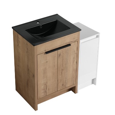 Vynxaria 36 in. Single Freestanding White Oak Plywood Bath Vanity with Black Ceramic Counter KD-PACKING Ready to Assemble