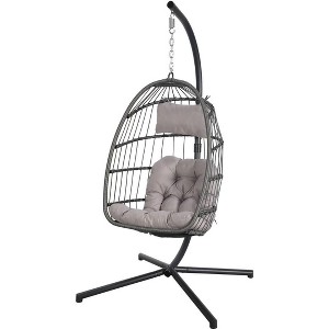SUGOLD Egg Swing Chair with Stand, PE Wicker Rattan Hanging Chair with Steel Frame & Cushions, Hammock Chair - 1 of 1