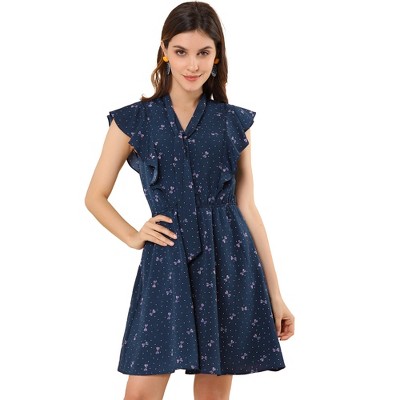INSPIRE CHIC Women's Ruffle Sleeve Polka Dots Bow Tie Neck Summer A-Line Dresses