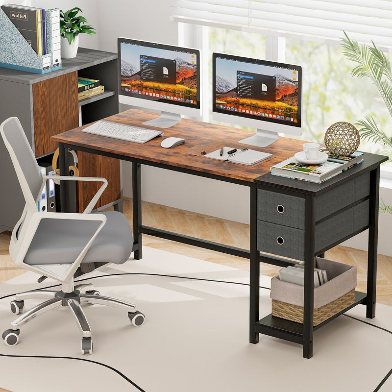 Costway 55-Inch Home Office Desk Modern Computer Workstation with 2 Drawers Hanging Hook & Storage Shelf for Study Bedroom Rustic Brown and Black, 3 of 11