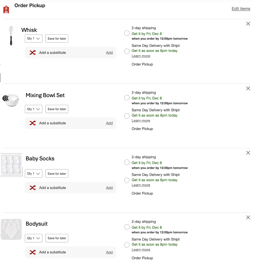 Screenshot showing an example of an online cart created by a Target guest. Items in the card include a whisk, mixing bowl set, baby socks, and a baby bodysuit