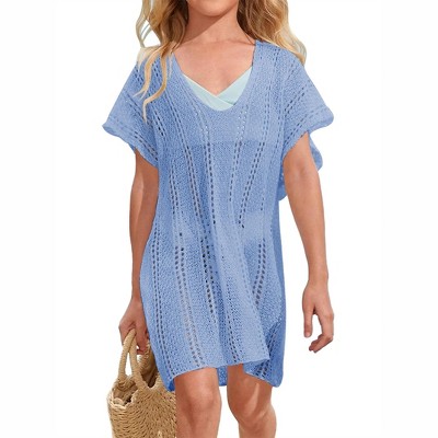 Girls Crochet Beach Cover Up Lightweight U Neck Kids Swimwear Above Knee Beach Cover Up for Girls Beachwear Tops