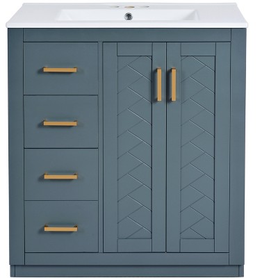 Vynxaria 30" Blue Freestanding Bathroom Storage Cabinet with Ceramic Sink and Soft-Closing Doors