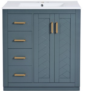 Vynxaria 30" Blue Freestanding Bathroom Storage Cabinet with Ceramic Sink and Soft-Closing Doors - 1 of 4