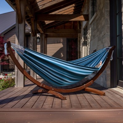 Blue Lagoon Double Cotton Hammock with Solid Pine Arc Stand