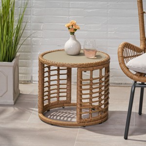 Boho Rattan Side Table with Tempered Glass Top,Round Accent Table for Living Room,Entryway or Sofa-Maison Boucle - 1 of 4