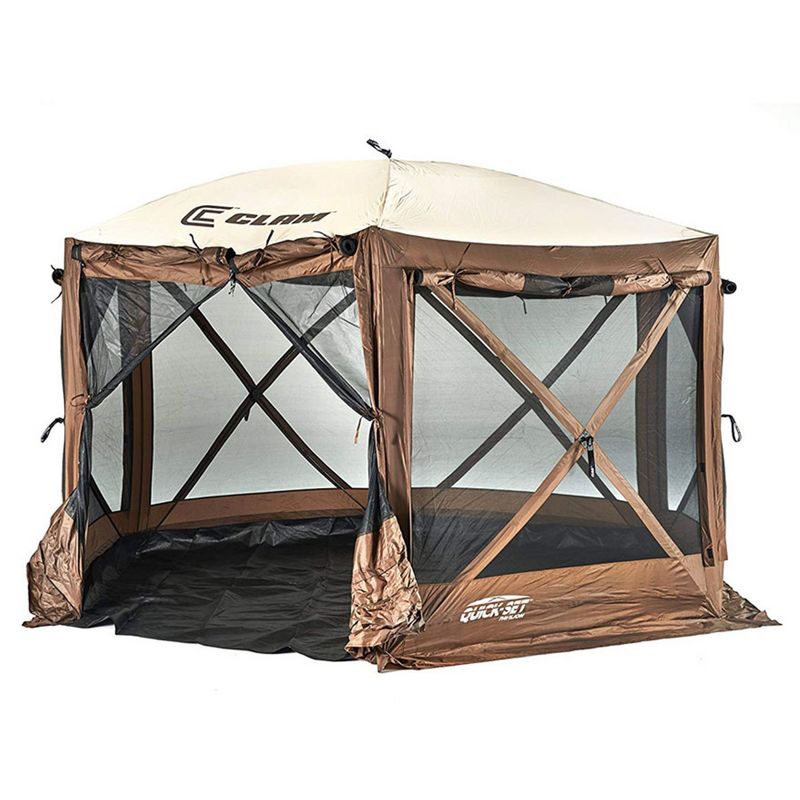 CLAM Quick-Set Pavilion Camper Foot Portable Pop-Up Camping Outdoor Gazebo Screen Tent 6 Sided Canopy Shelter with Stakes and Bag, 1 of 7