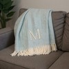 HomeRoots 55" X 70" Sky Blue And White Herringbone Cotton Blend M Initial Throw Blanket with Tassels And Embroidery - 2 of 4