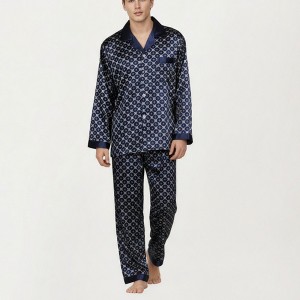 Anna-Kaci Men's 2-Piece Set Satin Pajamas with Geometric Print Contrast Collar and Button-Up Top - 1 of 4