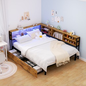 Lyngins Kids' /Teens' Corner Bed Frame, Storage Bed with Integrated Bookcase, Full Daybed with 2 Underbed Drawers & Smart LED Lights, Charging Station - 1 of 4