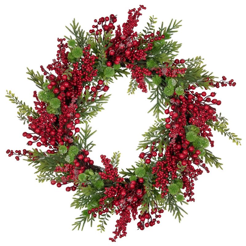 Northlight Artificial Frosted Red Berry and Pine Christmas Wreath, 28-Inch, Unlit, 1 of 6