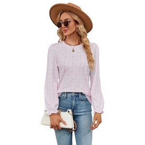 Women's Floral Print Long Sleeve Round Neck T-Shirt - Versatile Casual Blouse - 1 of 4