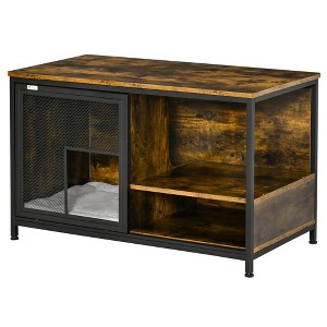 Gulches Cat Kennel, Furniture Style Dog Cage, Wood & Steel End Table Pet House with Cushion and Sliding Doors, Rustic Brown - 1 of 4