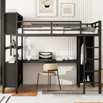 Bellemave Full Size Loft Bed with Desk, Wardrobe and Storage Cubes, Heavy Duty Loft Bed for Teens, Adults£¬ Black