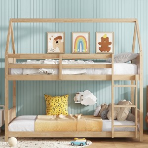 Whisen Twin Over Twin House Floor Bunk Bed with Headboards, Footboards, Guardrails and Ladder - 1 of 4