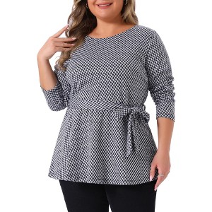 Agnes Orinda Women's Plus Size Houndstooth Formal Outfits Plaid Tie Waist Workwear Blouses - 1 of 4