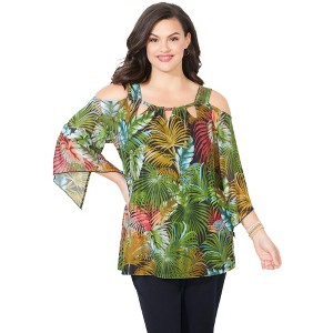 Catherines Women's Plus Size Mesh Cold Shoulder Top - 1 of 4