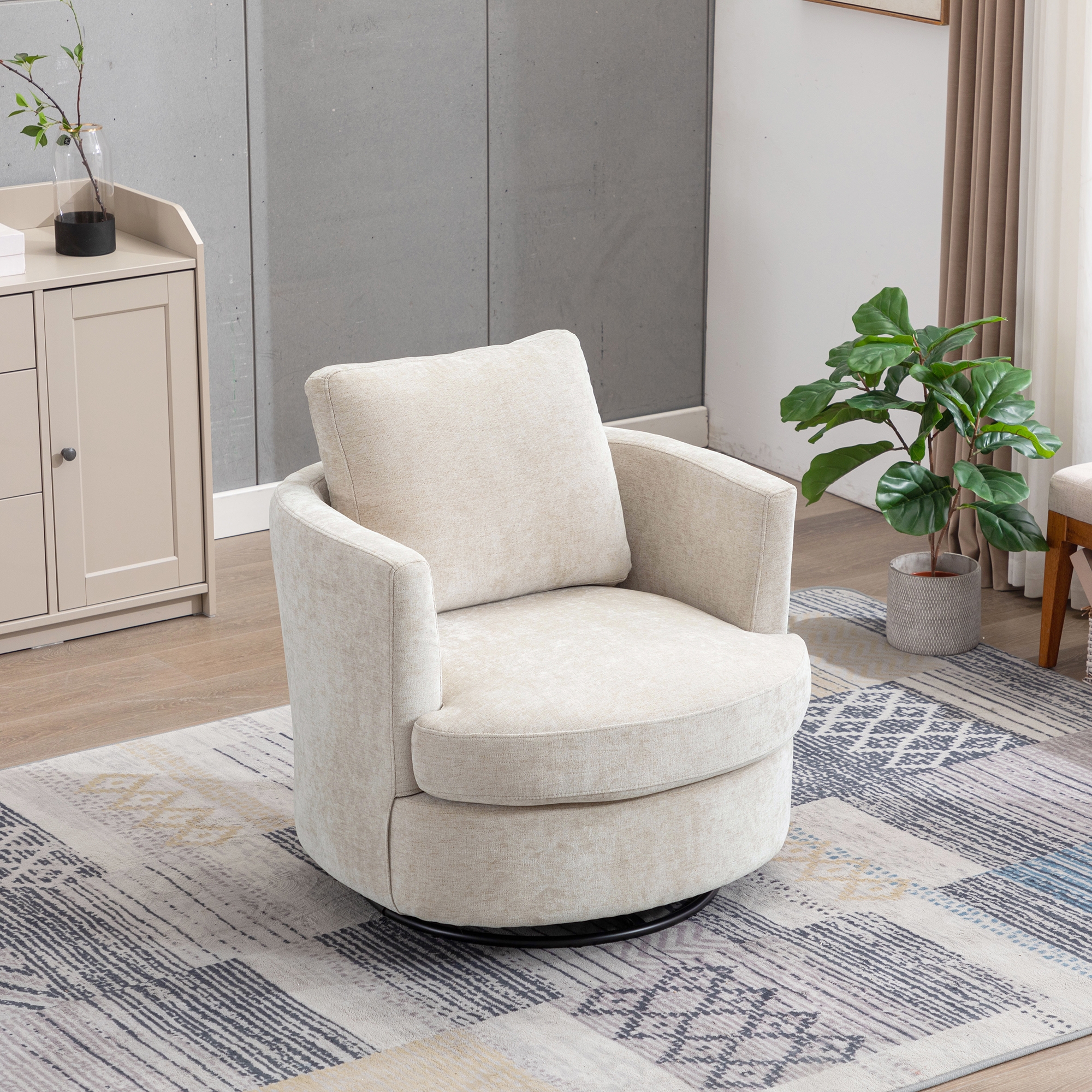 360° Swivel Accent Chair Upholstered Club Chair Round Single Sofa Chair Leisure Arm Chair, Beige - ModernLuxe