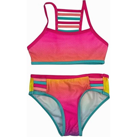 GO COCO Little Girls’ 2-Piece Strappy Detail Camikini Swimsuit Set, Sorbet Delight, 6X