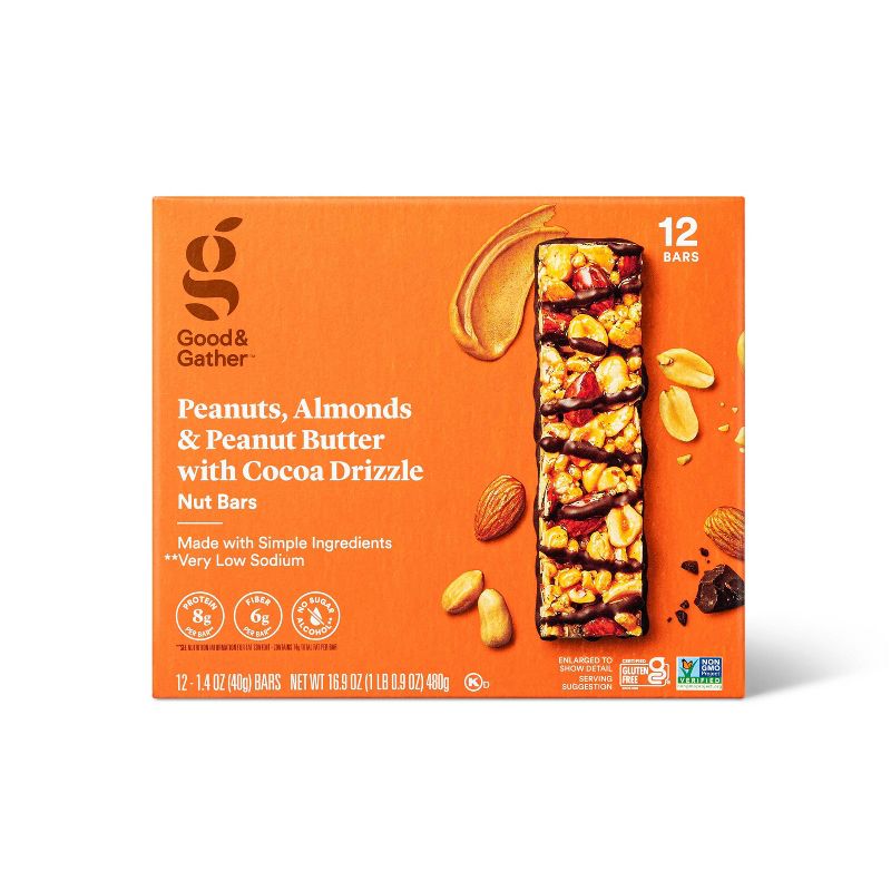 Almonds and Peanut Butter with Cocoa Drizzle Nut Bar - 12ct - Good & Gather&#8482;, 1 of 6