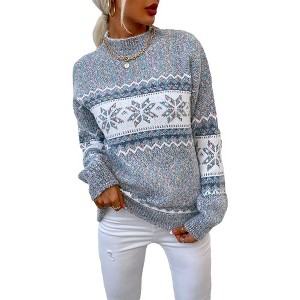 Womens Pullover Sweater Turtleneck Snowflakes Sweater Christmas Sweater Ribbed Knit Long Sleeve Sweater - 1 of 4