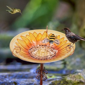Artloge Heavy Duty Glass Bird Feeding Station Wild Bird Bath Sunflower Drinking Bowl with Metal Stake for Outdoor Garden Yard Decor - 1 of 4