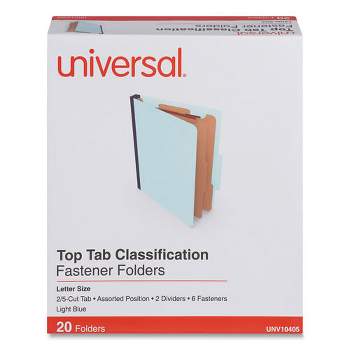 Universal Six-Section Pressboard Classification Folders, 2.5" Expansion, 2 Dividers, 6 Fasteners, Letter Size, Light Blue, 20/Box