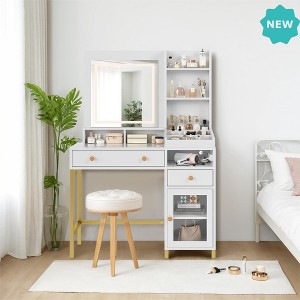 Jojoka Vanity Desk with LED Mirror and Built-in Charging Station, Bedroom Makeup Table with Drawers & Shelves, White - 1 of 4