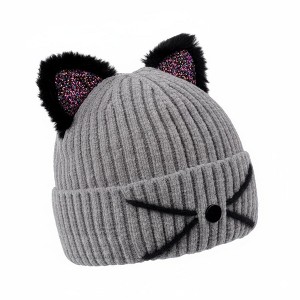 FAAYFIAN Sequin Cat Ear Knitted Beanie Hat for Kids Age 7-12 Winter Knit Skull Cap Winter Hat Outdoor Ear Warmer - 1 of 4