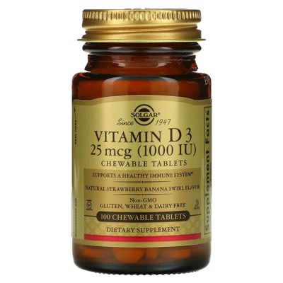 Solgar Vitamin D3, Natural Strawberry Banana Swirl, 25 mcg (1,000 IU), 100 Chewable Tablets