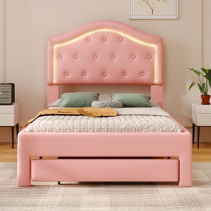 NicBex Upholstered Bed Frame with Smart LED and Drawers,PU Low Profile Platform Bed Frame with Tufted Headboard,No Box Spring Needed,Pink/White - 1 of 4