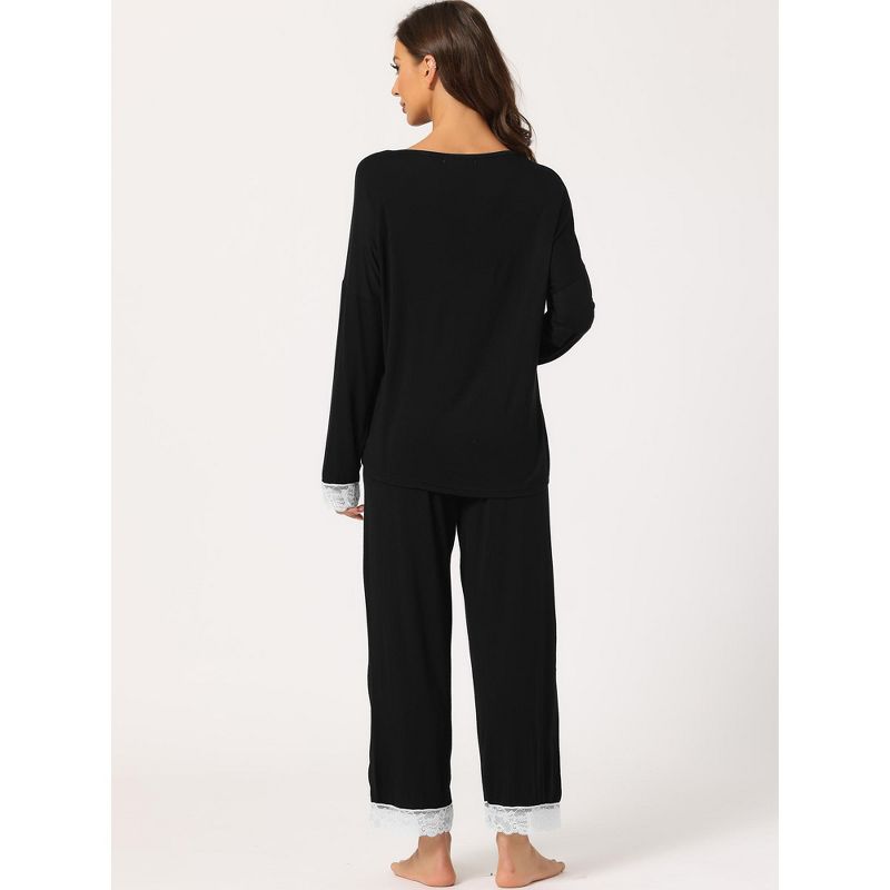 cheibear Women's Soft Lace Trim Knit Stretchy Long Sleeve Sleepwear Pajama Set, 3 of 6