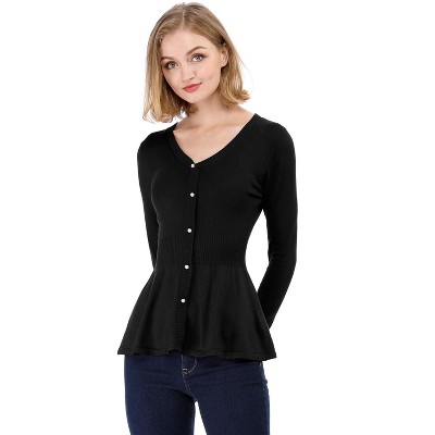 Allegra K Women's Slim Fit V-Neck Long Sleeve Ribbed Pullover Knitted Peplum Sweater