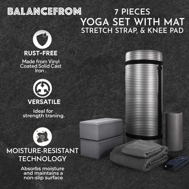 BalanceFrom Fitness 7-Piece Home Gym Yoga Set with 1-Inch Thick Yoga Mat, 2 Yoga Blocks, Mat Towel, Hand Towel, Stretch Strap & Knee Pad, Gray, 2 of 7