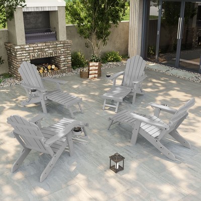 Sonkuki 4-Piece Folding Adirondack Chair with Retractable Ottoman, Fire Pit Patio Chair with Cup Holder Lawn Outdoor Lounge Chair